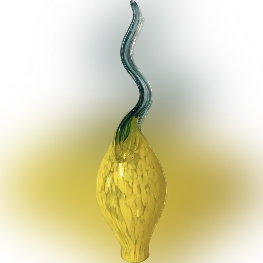 ❌❌❌Blown Glass Art - Yellow Bulb - Blue Leaf - 13” Tall - Handmade - Picture 5 of 9